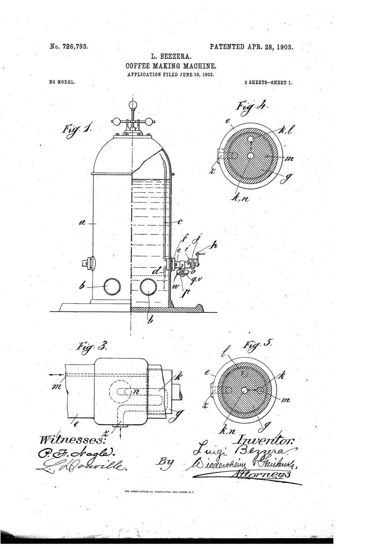 Drawing sheet 1 of US patent 726,793, Coffee Making Machine by L. Bezzera, patented 28 April 1903: a tall boiler in section with a delivery cock, and three detail views.