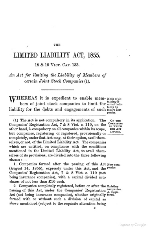 The printed first page of the Limited Liability Act, 1855, with its title and the opening of the preamble.