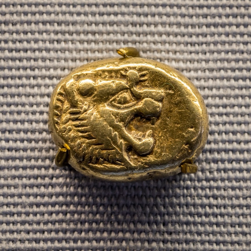 A small oval electrum coin stamped with a roaring lion's head, mounted on grey cloth.