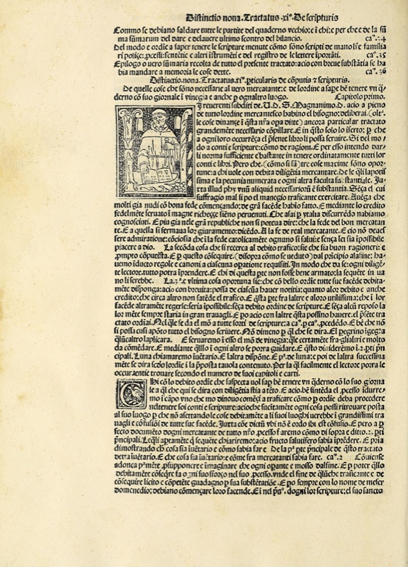 A printed folio of Pacioli's Summa with a woodcut portrait of a seated figure at the left and a decorated initial.