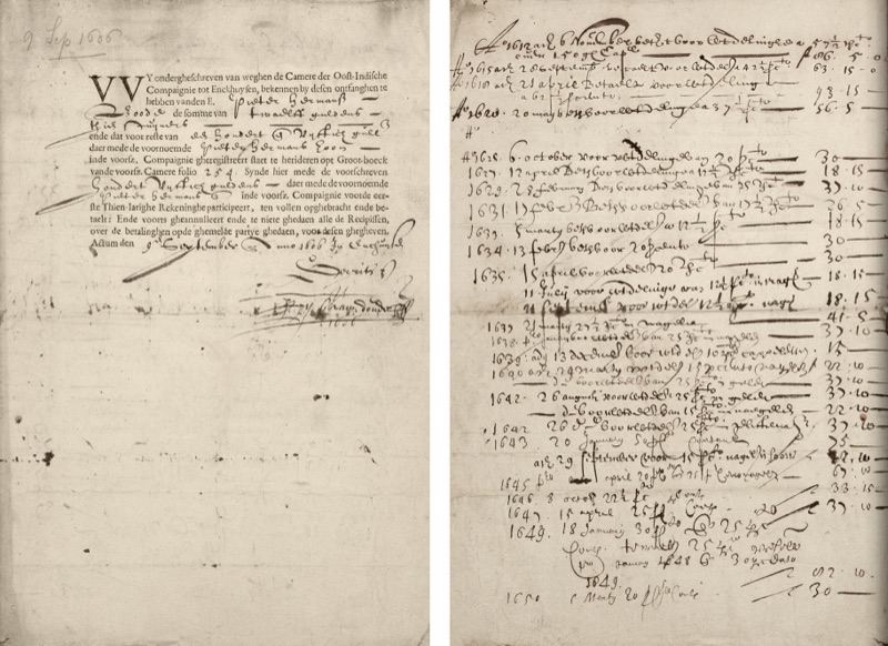 A handwritten Dutch receipt dated 9 September 1606, beside a ledger page of dividend payments.