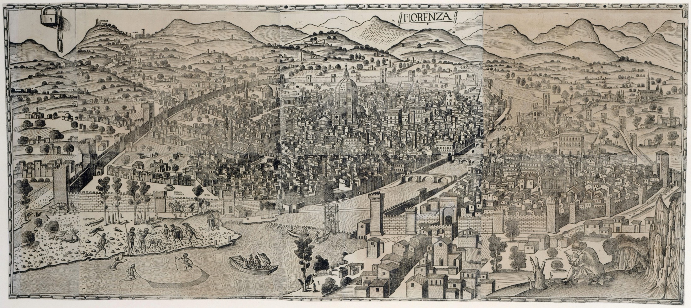 A wide woodcut view of Florence labelled FIORENZA: the walled city with the cathedral dome at its centre, the river Arno and its bridges, hills behind.