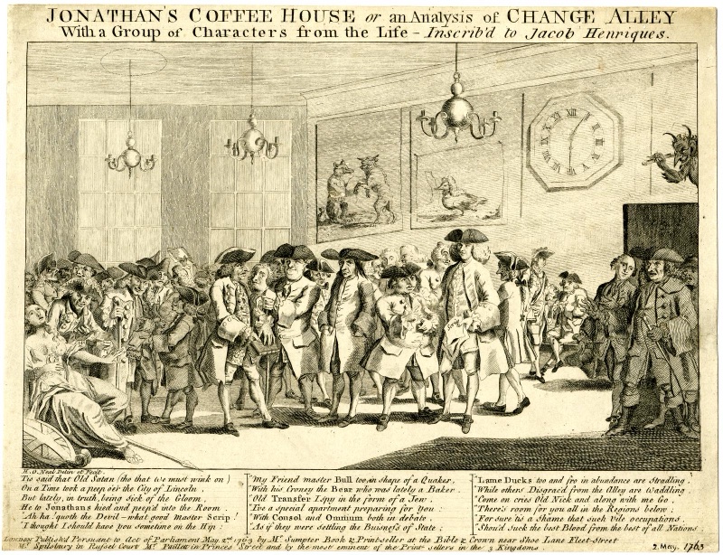 An engraving of the inside of Jonathan's Coffee House: a crowd of men in tricorn hats in a large room, a clock, pictures of a bear and a bull on the wall, a devil at a door, and a verse caption underneath.