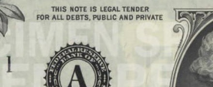 Detail of the front of a one-dollar Federal Reserve Note, Series 1963: the printed line THIS NOTE IS LEGAL TENDER FOR ALL DEBTS, PUBLIC AND PRIVATE, above the Boston Federal Reserve seal, with a pale SPECIMEN overprint.
