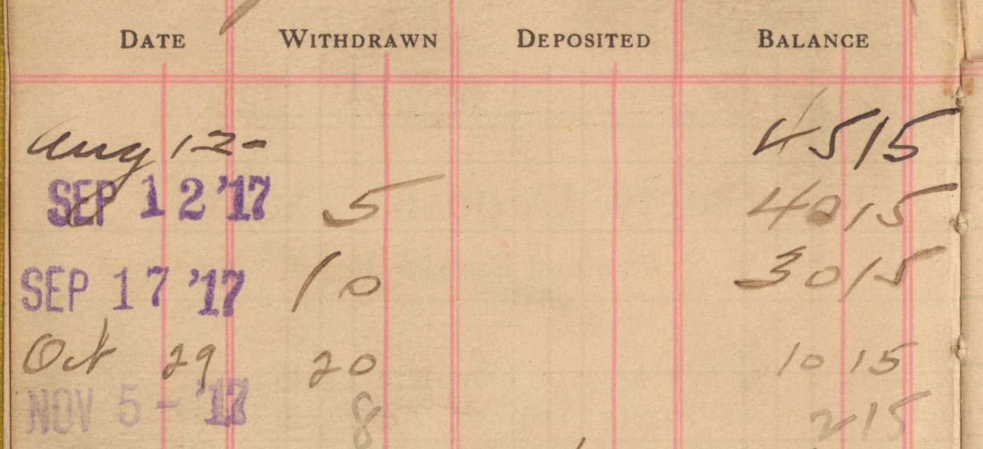 Detail of the first rows: Aug 12, balance 45.15; Sep 12 1917, withdrawn 5, balance 40.15; Sep 17 1917, withdrawn 10, balance 30.15.